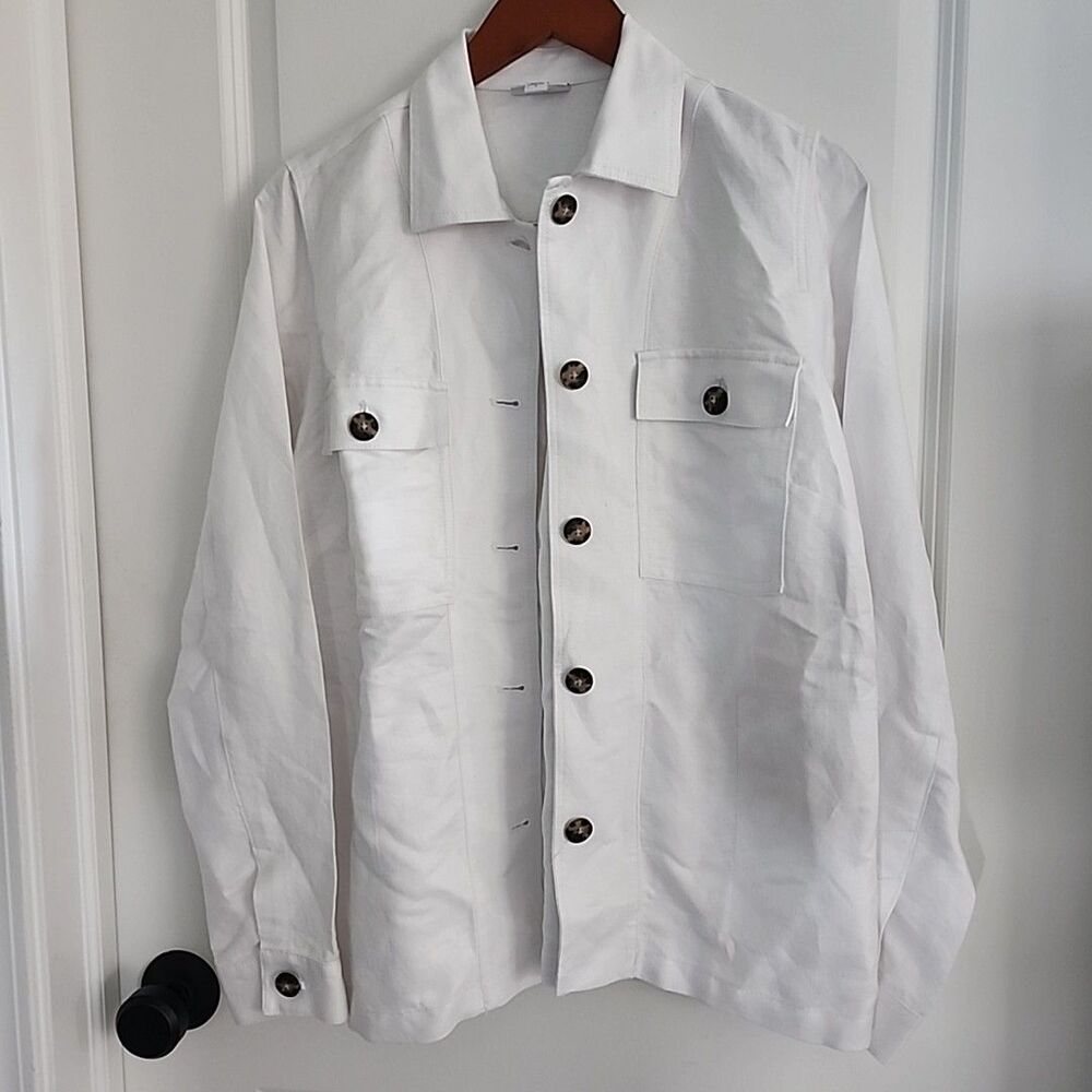J.JILL Linen Blend Button Front Jacket Size S White Pockets Shacket Ultility